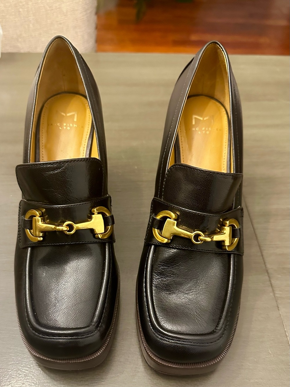 Marc Fisher Ltd Black Leather Loafers with Gold Bit Accent - Brand New - Size 8